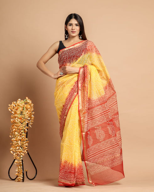 Mix of Yellow and Red Kota Doria Saree (KDS24)